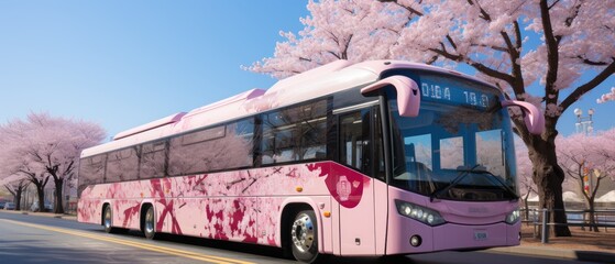 Tourist bus with cherry blossoms. 3D illustration. Sustainable energy. Electric vehicle. Green Energy Concept with Copy Space. 