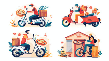 Set of Four scenes with delivery service of takeaway