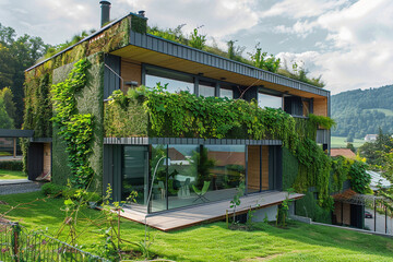 A modern house with a green roof and vertical gardens, blending harmoniously with the natural environment.