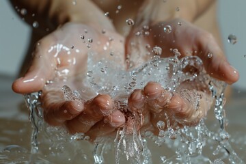 Washing hands under the water tap or faucet without soap. Hygiene concept detail. Beautiful hand and water stream in bathroom. New modern basin cleaning.