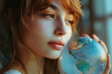 Naklejka premium A dreamy young woman gazes out the window, gently holding a globe
