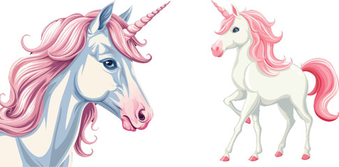 White unicorn with pink mane. Cartoon pretty unicorn horse isolated
