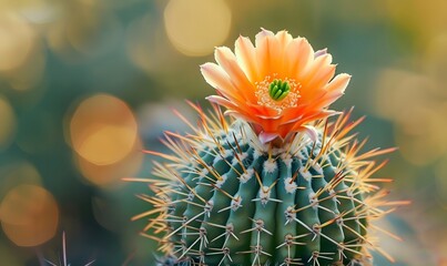 cactus with numerous small spines on its head and a vibrant orange blossom, Generative AI