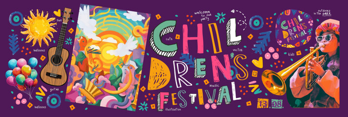 Music сhildren's Festival. Vector illustration for a holiday, cute children's drawing, bright abstract shapes, saxophonist girl for a poster, card or background.	
