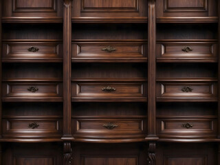 Classic wall dark wood empty cabinet shelves design.