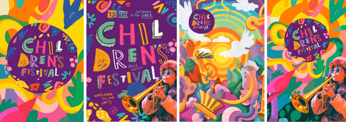 Music сhildren's Festival. Vector illustration for a holiday, cute children's drawing, bright abstract shapes, saxophonist girl for a poster, card or background.	
