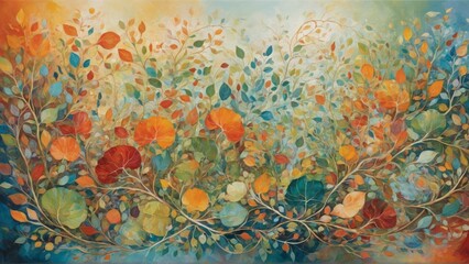 Abstract painting of a floral garden in a fantasy style. Rich textures and vibrant color play.