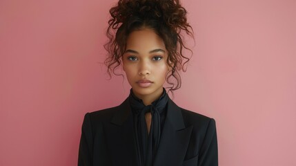 Woman With Curly Hair Wearing Black Suit