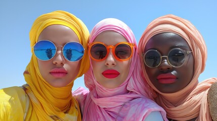 three Muslim women wearing bright color tone Hijab, people diversity concept, Generative Ai