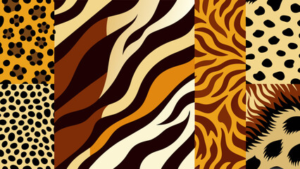 A set of exotic animal print fabrics including leopard and zebra adding a touch of luxury and intrigue to a quilt design.. - obrazy, fototapety, plakaty