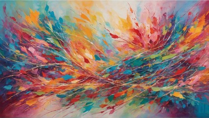 Abstract painting with a fiery fusion of organic shapes and colors. Dynamic energy and natural forms.