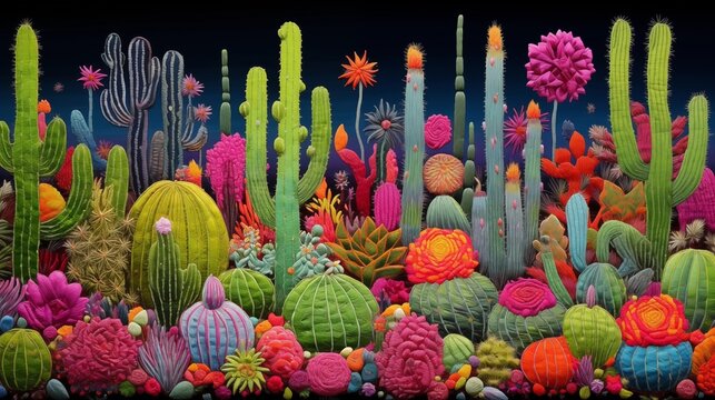 A Vibrant and Textured Illustration of Colorful Desert Cacti and Succulents