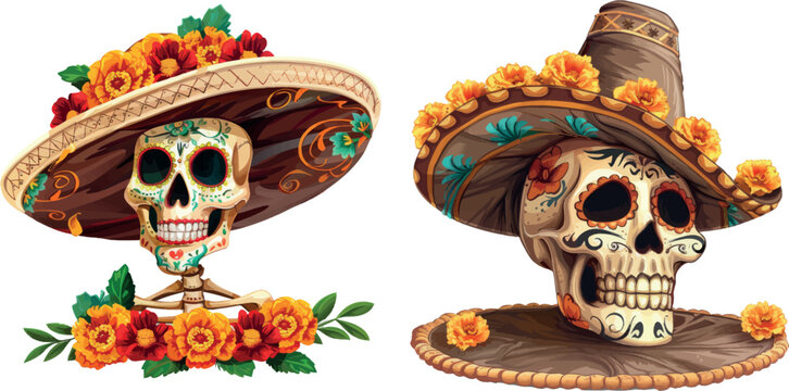 Dia de muertos mexico national remember symbol, sugar catrina skull marigold petal sombrero mexican