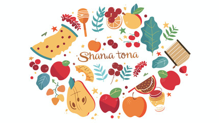 Shana Tova phrase inside round frame made of leaves style