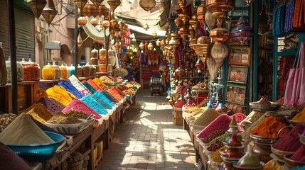A vibrant street market alive with the sights, sounds, and smells of exotic spices and textiles - obrazy, fototapety, plakaty