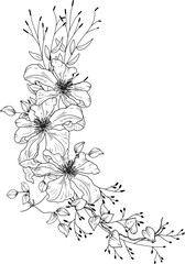 Floral corner flower arrangement with hand drawn Montana climbing plant, leaves and branches	