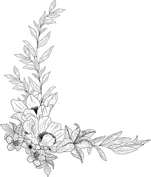 Floral corner arrangement with roses, lily, apple blossom, leaves and banches