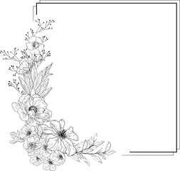 Hand drawn floral border arrangement with rose, Montana, apple blossom, ferns, leaves and branches	