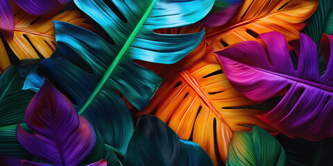 Background with tinted colorfull tropical leaves