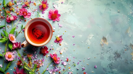 A Cup of Tea Surrounded by Flowers - obrazy, fototapety, plakaty