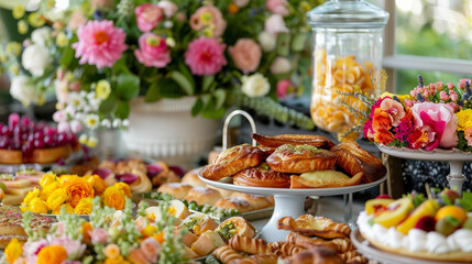 A mouthwatering brunch buffet featuring an array of savory quiches, fluffy pancakes, and decadent pastries, set against a backdrop of blooming flowers.