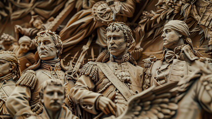 Merge iconic symbols and significant events from revolutionary wars across continents into a captivating visual centerpiece