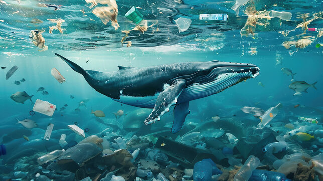 whale swims among garbage. Environment pollution problem. - Powered by Adobe