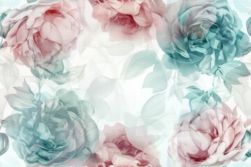 Floral pattern with pink and blue roses on light blue and white background, seamless design concept