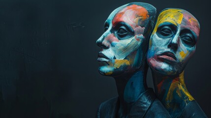 Faces painted. human with different feelings depicted in color  - obrazy, fototapety, plakaty