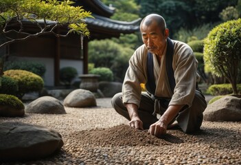 Elderly gardener carefully tending to a Japanese garden. Tradition and nature.