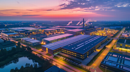 Obraz premium A bird's-eye view of an industrial park at sunset, with smokestacks and vibrant skies.