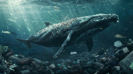 Fototapeta premium whale swims among garbage. Environment pollution problem.