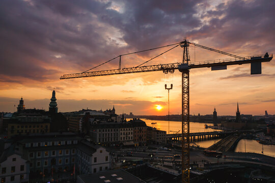 View of a construction crane over the city