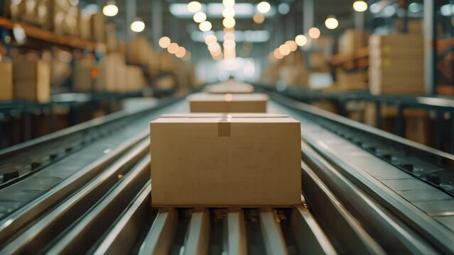 Warehouse conveyor belt system for delivering packages in cardboard boxes efficiently. Concept Logistics, Automation, Efficiency, Robotics, Supply Chain