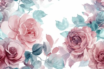 Floral Watercolor Illustration of Seamless Pattern with Pink and Blue Roses