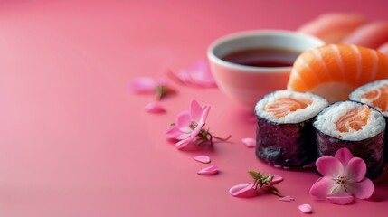 Sushi and Cup of Tea on Pink Surface