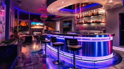 Modern home bar setup with neon lighting and stylish furnishings in a luxury house