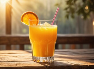 Glass of freshly pressed orange juice on a wooden table