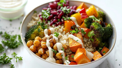 A nourishing Buddha bowl filled with quinoa, roasted vegetables, chickpeas, and a drizzle of tahini, creating a visually appealing and nutritious meal on a white surface.
