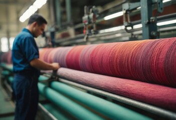 Textile industry worker operating colorful machinery. Manufacturing and fabric production.