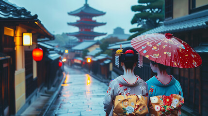 Two geishas wearing traditional japanese kimono 