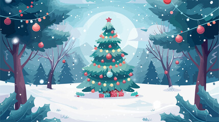 Snowy landscape with a festive Christmas tree