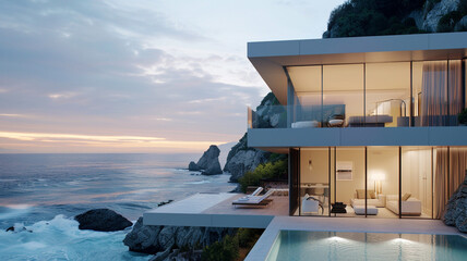 A modern villa with a minimalist design and infinity pool overlooking a breathtaking coastal...
