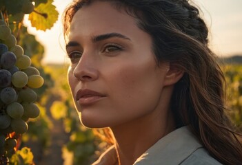 Vineyard worker examining grapevines at sunset. Focus on viticulture and wine production.