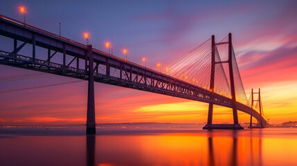 Vasco da Gama suspension bridge with lights at sunset