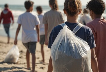 Volunteers walking on beach with trash bags. Environmental activism and ocean conservation.