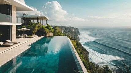 A modern villa with a minimalist design and infinity pool overlooking a breathtaking coastal...