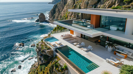 A modern villa with a minimalist design and infinity pool overlooking a breathtaking coastal landscape, with waves crashing against rocky cliffs below.