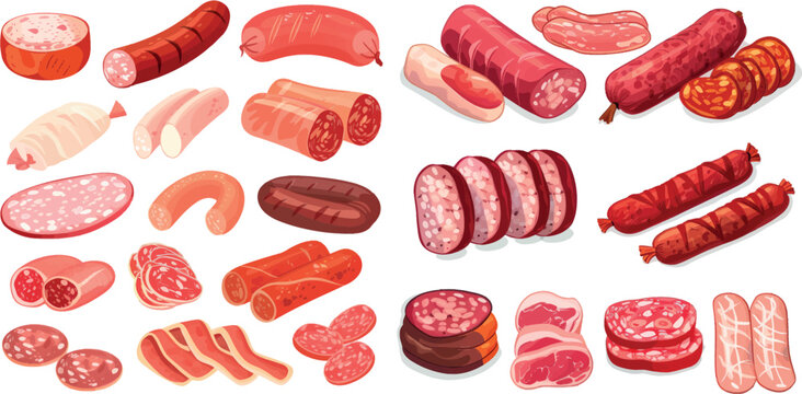 Cartoon delicatessen sausages. Pork sausage chorizo or ham shopping meat market, red salami tasty pepperoni smoked wurstel slices