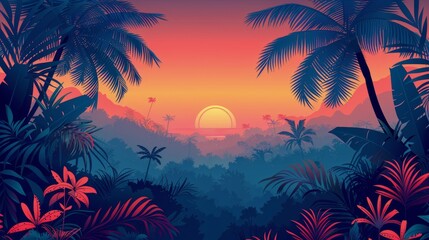Tropical Sunset Painting With Palm Trees
